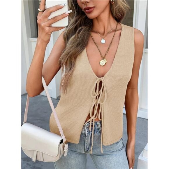 ✨ Tie Front Crochet Knit Sweater Vest – Ribbed Sleeveless Tank Top - Picture 2 of 5